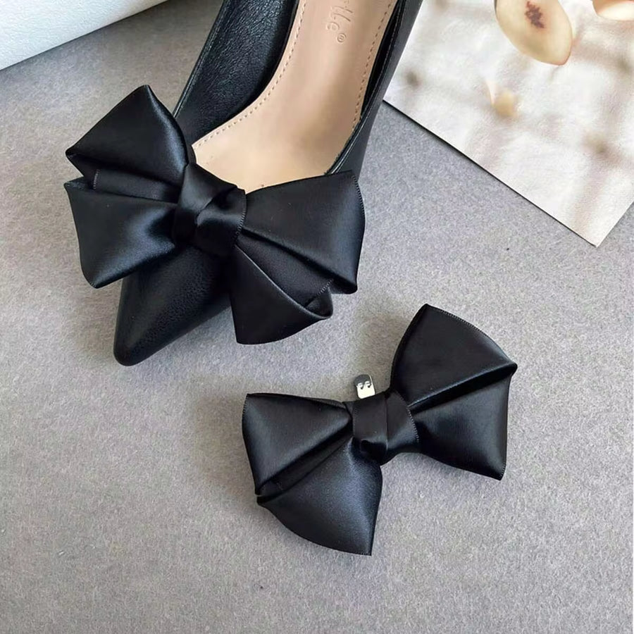1pair Black Satin Bowknot Shoe Clips, Wedding Shoe Accessories, Shoe Decoration For Sandals, Women Heels, Black Pumps