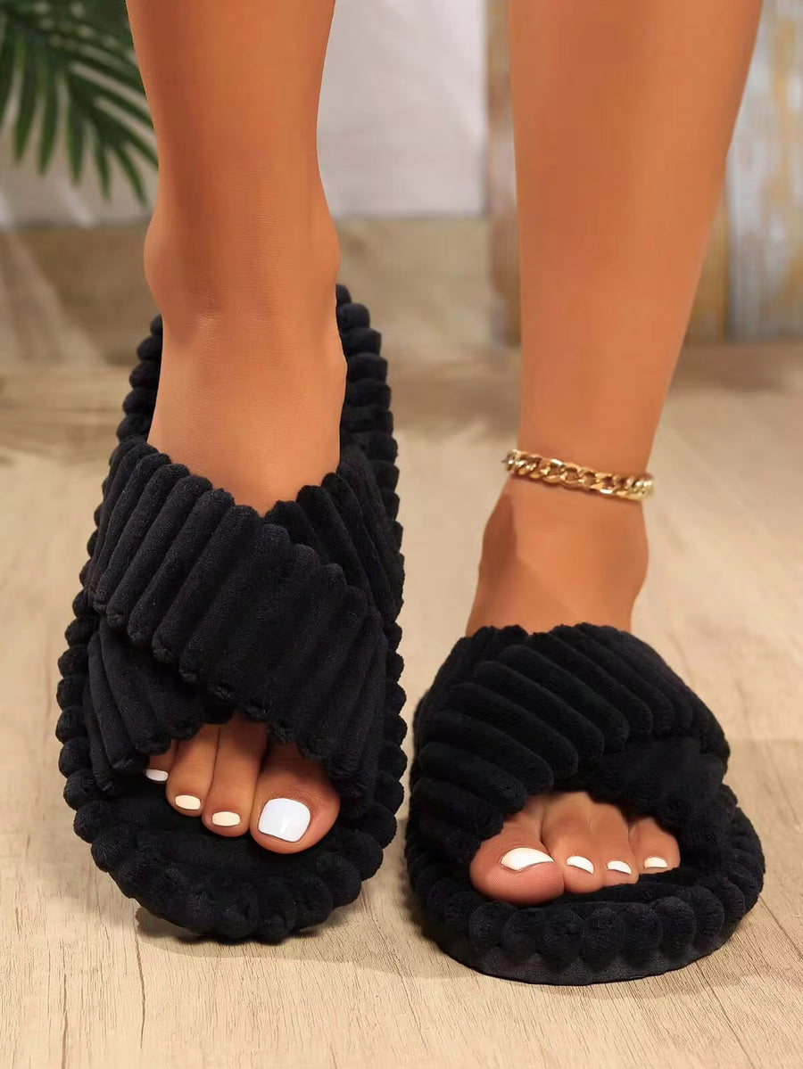 Fall/Winter Women's Cross Strap Slippers, Comfortable Indoor Fleece Slip-On House Slippers, Fashion Home Slippers For All Seasons,Fluffy Slippers