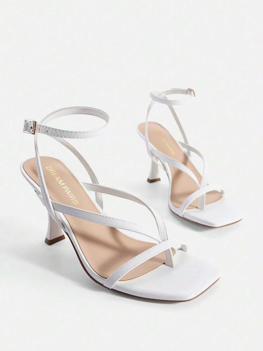 Women Kitten Heel Thong Sandals, Fashion Square Toe Ankle Strap High Heeled Sandals For Wedding Party Casual Wearing