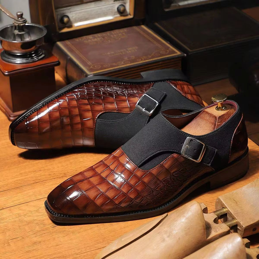 Men's Crocodile Embossed Monk Strap Dress Shoes, British Style Square Toe Formal Leather Shoes For Business & Wedding